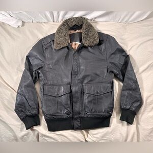 St Johns Bay Black Leather Aviator Bomber Jacket Small Y2K Sherpa Collar Vintage